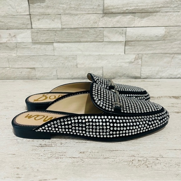 Sam Edelman Linnie Black Glitz Slip On Almond Toe Flat Crystal Horsebit Mule 6.5 - Picture 2 of 12